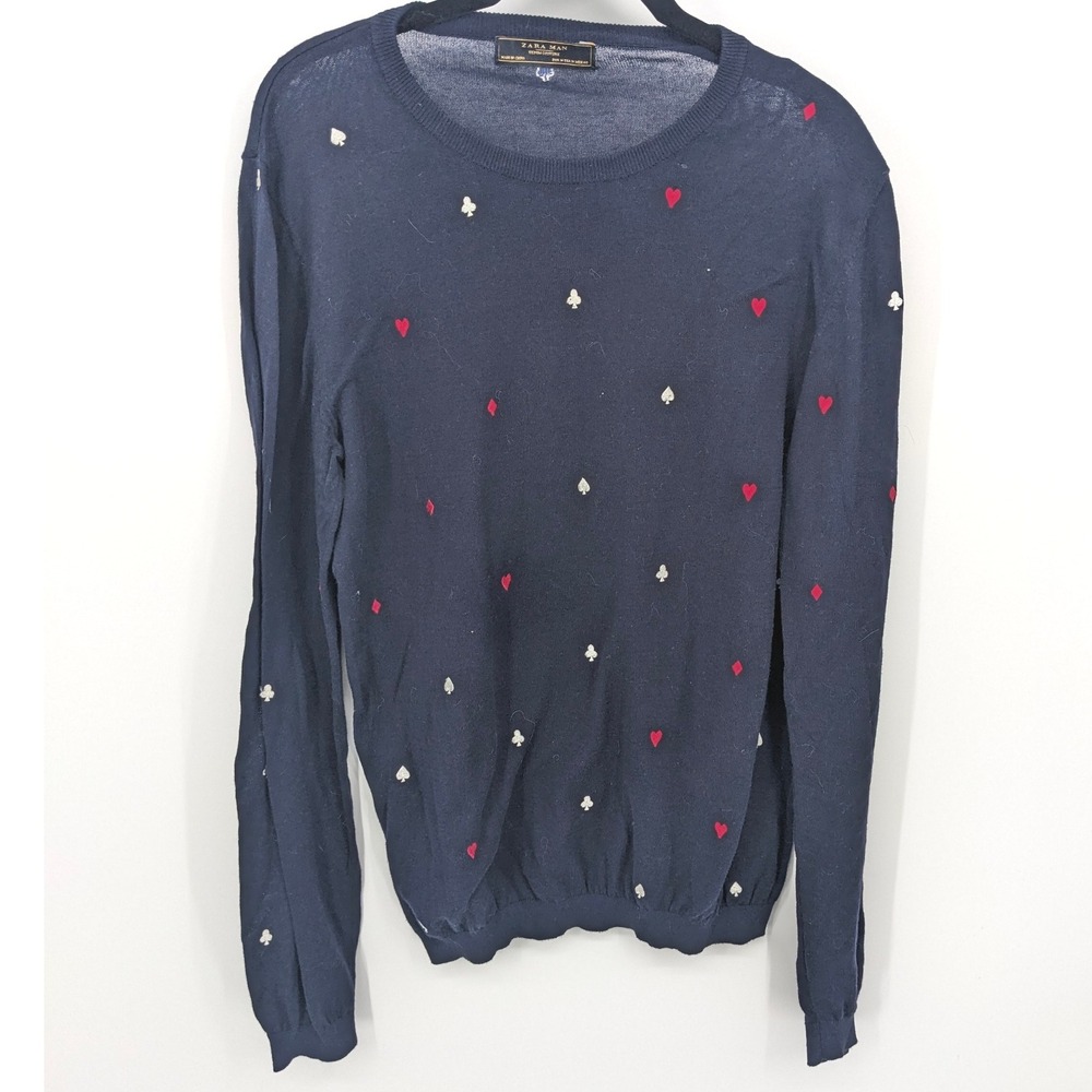 Zara Man Sweater Mens Medium Navy Blue Hearts Playing Cards Lightweight Casual